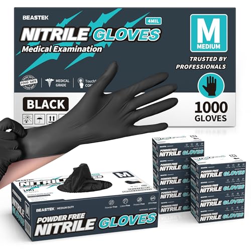 BEASTEK Black Nitrile Disposable Gloves, 4.0 Soft+™ Powder-Free 100 &1000CT - color: 1000 Black (Medium)