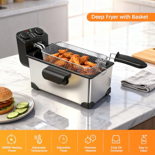 CATTLEMAN Deep Fryer with Basket, 1600W, 3L, Timer and Temperature Control - color: Standalone Deep Fryer