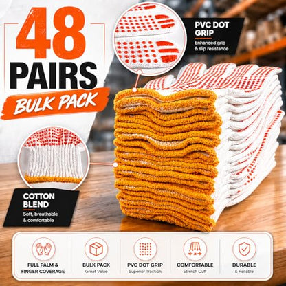 Winterlace 48 Pairs Cotton Grip Work Gloves Bulk Safety Protection Non-Slip PVC Rubber Dots Garage Construction Warehouse - color: 48 Pairs - Orange Dots