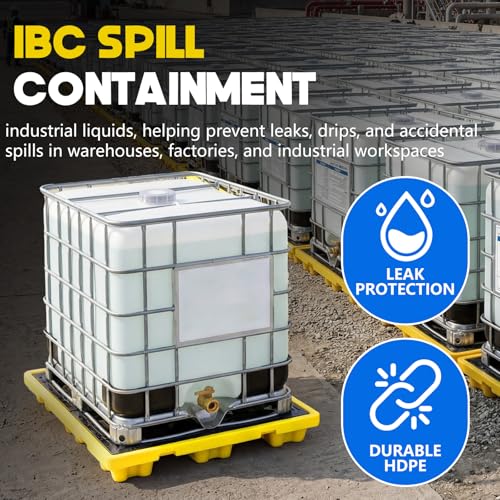 BreezeHug IBC Spill Containment Pallet with Drain, IBC Tote Secondary Containment Sump Pallet, 45 Gallon Capacity, Heavy Duty Hdpe Spill Tray 8818 Lbs Load, 51.2 x 51.2 x 6.7 Inch, Yellow