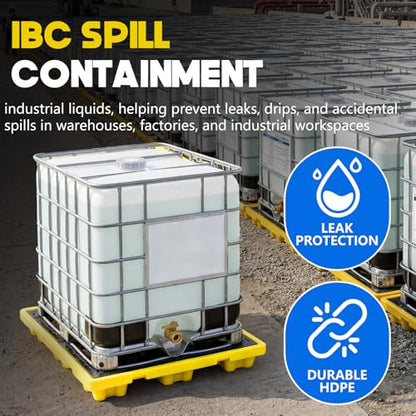 BreezeHug IBC Spill Containment Pallet with Drain, IBC Tote Secondary Containment Sump Pallet, 45 Gallon Capacity, Heavy Duty Hdpe Spill Tray 8818 Lbs Load, 51.2 x 51.2 x 6.7 Inch, Yellow