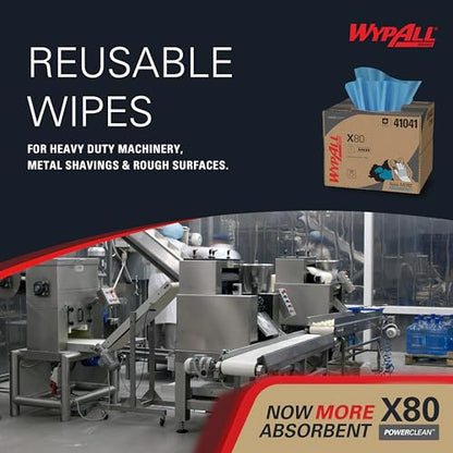 WypAll PowerClean X80 Heavy Duty Cloths, Brag Box, 152 Towels, Blue (41041)