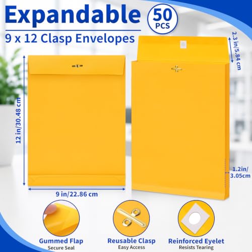 50 Pack 9x12 In Expanding Manila Envelopes with Reusable Clasp and Gummed Seal 180 GSM Heavyweight 1.2'' Expansion Yellow Envelope Folder 8.5 x 11 Letter Size for Home School Office Filing Storage - size: 50pcs-9x12in