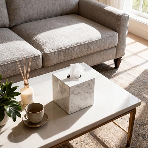 Natural Marble Tissue Box Holder Cover, Square Cube Tissue Box Holder with Open Bottom for Bathroom Vanity Tops, Bedroom Dressers, Kitchen Countertop, White Tissue Box(NS021) - color: White