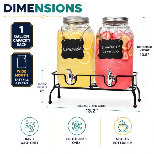 Estilo Set of 2 Glass Drink Dispensers,1 Gallon Beverage Dispenser With Lid - size: 1 Gallon, style: Double w/ Stand & Labels
