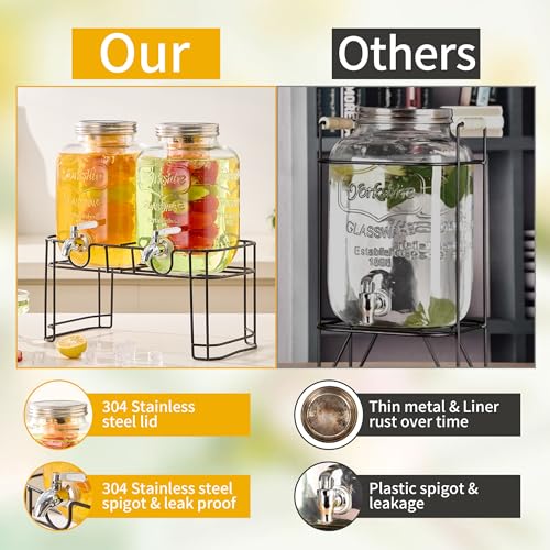 1 Gallon Glass Beverage Dispenser Set of 2 with Stand & Fruit Infuser, Stainless Steel Spigot, Beverage Dispenser for Parties, Weddings, BBQs, Lemonade, Sun Tea, Juice & Cold Drinks - size: 1 Gallon Double