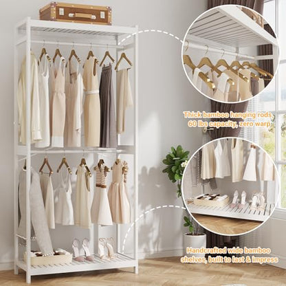 Homykic Bamboo Clothing Rack with Shelves, 33.5” Wide Clothes Rack, 78.8” H - color: White, size: Standard