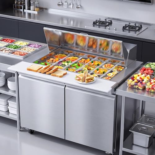 48’’ W Commercial Refrigerator Sandwich Salad Prep Table Refrigerators 2 Door with 18 Pans, Prep Station Fridge for Restaurant, Bars, Shops