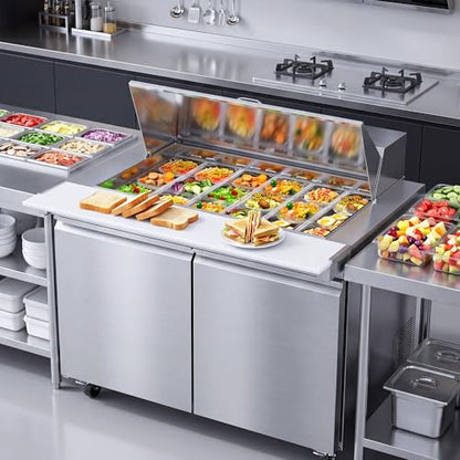 48’’ W Commercial Refrigerator Sandwich Salad Prep Table Refrigerators 2 Door with 18 Pans, Prep Station Fridge for Restaurant, Bars, Shops