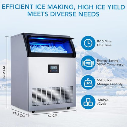 Commercial Ice Maker – 250 Lbs/24h Production, 60 Lbs Storage Bin, 50 Cubes Per 15 Minutes, Adjustable Thickness, Built-in/Freestanding, Self-Cleaning, ETL Certified – for Home, Bar, Restaurant