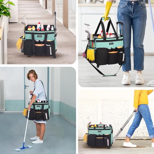 JKAOO Large Rolling Cleaning Caddy Bag with Detachable Trolley, Blue-Green - color: Blue Green