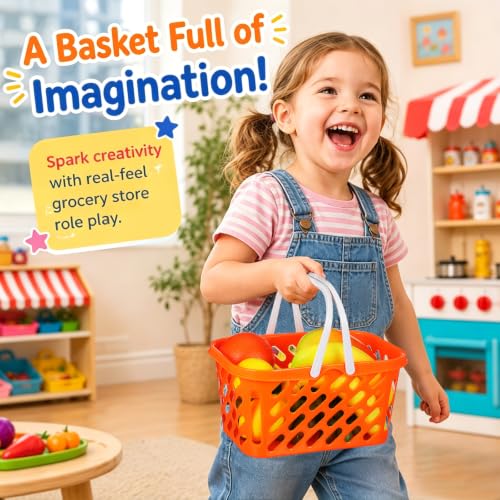 NUOBESTY Pretend Play Toy Shopping Basket 2 Pack - Orange Plastic Grocery Baskets with Handles for Toddlers, Mini Market Kitchen Accessories & Play Food Storage