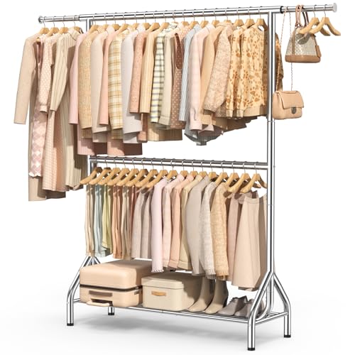 EAGMAK Double Rod Clothing Rack Load 622 LBS, Heavy Duty Clothes Rack for Hanging Clothes, 82.68 inch High Garment Rack with Storage Shelves, Metal Clothing Hanger Closet Wardrobe Organizer (Silver) - color: Silver, size: 43.3"×18.9"×82.68"( Leveling Foot