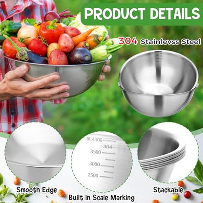 Honeydak 6 Pcs 304 Stainless Steel Mixing Bowls with Graduations, 54 oz - size: 54 oz