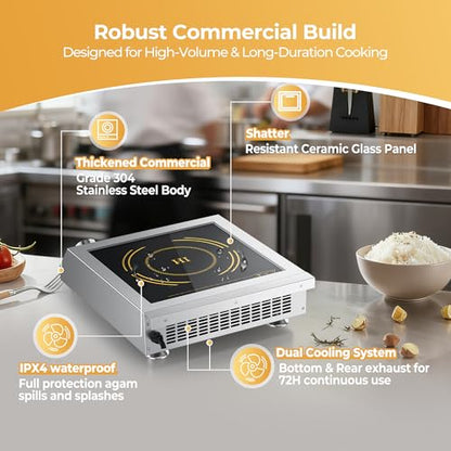 3500W Commercial Induction Cooktop, 220V Plug, Professional Heavy-Duty Portable Burner, 45s Fast Boil, 72H Continuous Use, Dual Fans, IPX4 Waterproof for Restaurants, Food Trucks, Catering