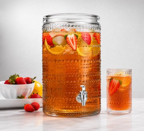 2 Gallon Glass Drink Dispenser, hobnail Drink Dispensers for Parties, Beverage Dispenser with Stand and Glass Lid, 100% Leakproof Spigot, Ideal for Lemonade, Juice, - color: Hobnail Clear-2 Gallon