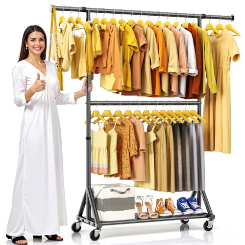 100% Stainless Steel Heavy Duty Clothes Rack Load 860 LBS, Two Tier Rolling Garment Rack with Wheels, Adjustable Double Rod Clothing Rack for Hanging Clothes, Closet Rack for Storage and Organization - color: Black, style: 2 Tier Bar
