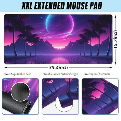 Large Gaming Mouse Pad for Desk,Cool Retrowave Landscape Desk Mat,Science Fiction Scene Desk Pad, Extended Big Computer Keyboard Mouse Pad with Non-Slip Base and Stitched Edge 35.4"x15.7" - color: Cool Retrowave Landscape, size: 15.7" x 35.4"