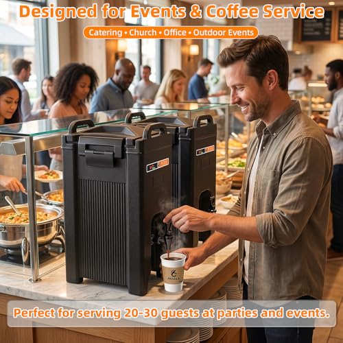 Original 5 Gallon Insulated Beverage Dispenser with 50 Pack 12oz Paper Cups, Easy Free Warmer Series Food-Grade LLDPE Hot and Cold Drink Dispenser Perfect for Parties, Catering and Events