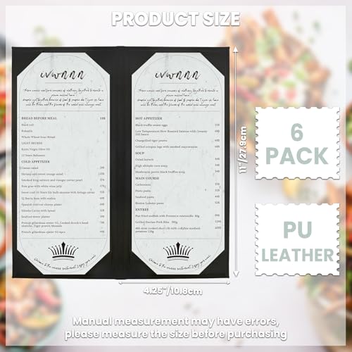 4.25'' x 11'' Menu Covers 6 Pack Black PU Leather Menu Holders Book Style with Angled Corners Double View Menu Sleeves Easy-Insert Design Waterproof for Bar Cafe Restaurant Menu Covers - size: 2 View, 6 Pack