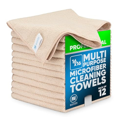 MW Pro Microfiber Cleaning Cloth | Sand | 12 Pack | 16” x 16” | All Purpose Microfiber Towels - Clean, Dust, Polish, Scrub, Absorbent - color: Sand