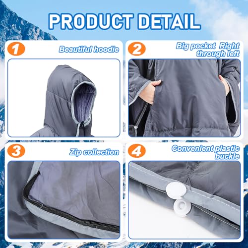 Preboun Thermal Poncho Wearable Hooded Blanket Winter Poncho Wearable Sleeping Bag Water Resistant Windproof for Men Women - color: Black and Dark Grey