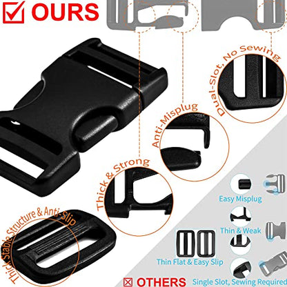LASIGHT Buckles for 1 inch Wide Webbing Straps: Quick Side Release Buckle 10 set and Tri-Glide Slide 20 pcs Fit 1" Nylon Web Belt, Plastic Snap Fastener Clip Heavy Duty Replacement Dual Adjustable - size: 10 Set for 1 inch Webbing