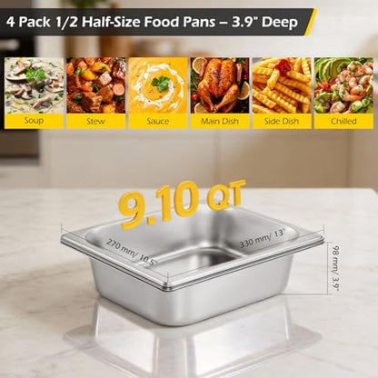 Dyna-Living Steam Table Pan 1/2 Half Size 4 Inch Deep Pan 4 Pack Hotel Pans - color: Without Lids, size: 4 Inch Deep