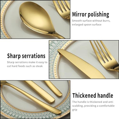 Berglander Gold Wedding Silverware Set 60pcs Service for 20, Titanium Plating Stainless Steel Flatware Set, Gold Spoons Forks Knives Set for Home, Wedding, Restaurant, Dishwasher Safe - color: b. 60 Pcs B