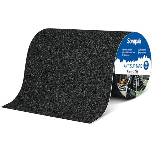 Heavy Duty 8in x 20ft Black Anti Slip Tape, 80 Grit Waterproof Non Skid Grip Tape Roll for Stairs, Ramps, Decks, Boat Decks, Floors, Warehouses & Outdoor Use - size: 8'' x 20 FT