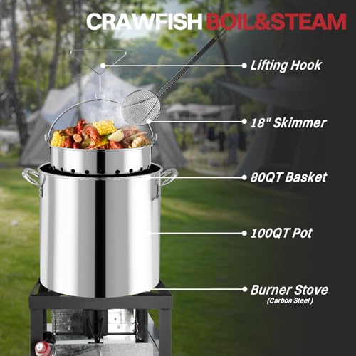100QT Crawfish Boiler | Stainless Steel Seafood Boil Pot with Basket - size: 100QT+Cover+Skimmer