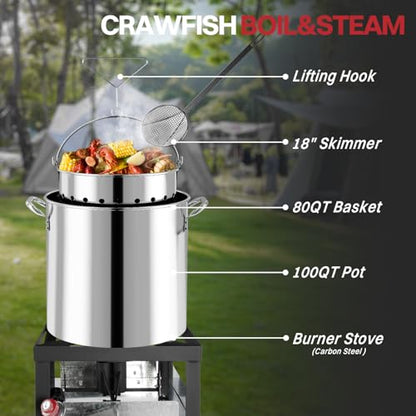 100QT Crawfish Boiler | Stainless Steel Seafood Boil Pot with Basket - size: 100QT+Cover+Skimmer