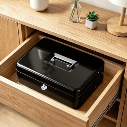 Cash Box with Money Tray and Key Lock,Safe Box for Cash Saving Key Lock Money Organizer,Cash Drawer, 11.8" x 9.5" x 3.5", K-Black - color: K-Black