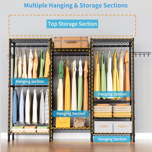 Golpart Heavy Duty Clothes Rack Metal Wardrobe with Adjustable Wire Shelves - color: Black, size: 15.75"D x 56.6"W x 76.8"H
