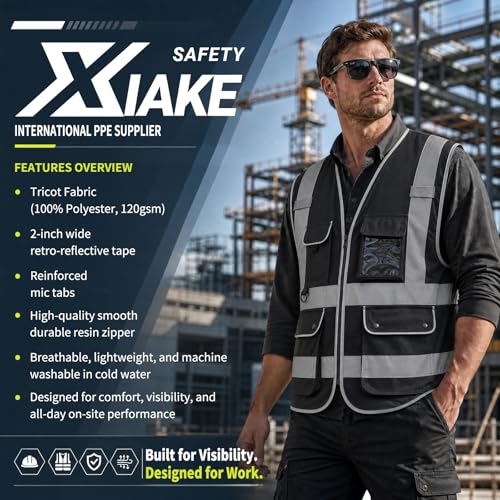 XIAKE Reflective Safety Vest for Men & Women High Visibility Class 2 Vest with Pockets Meets ANSI Standards - color: Black, size: Large