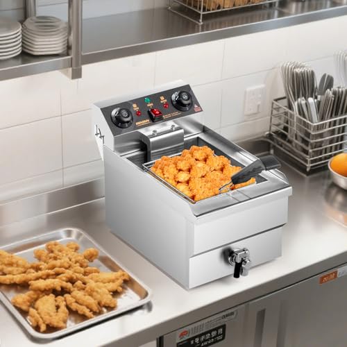 ROVSUN 12.5QT Electric Deep Fryer, 1700W Commercial Deep Fryer with Basket, Drain, 60-Min Timer, Overheat Protection, Temp Control & Baskets, Stainless Steel Countertop Fryer for Restaurant - size: Single Fryer with Timer & Drain-12.5QT