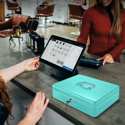 Flexzion Small Cash Box with Money Tray and Lock, 11.4-Inch, Blue - color: Blue