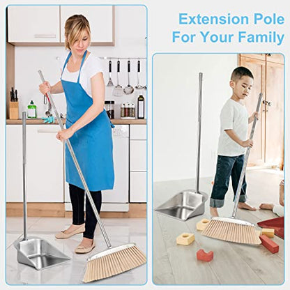 Broom and Dustpan Set for Home, Stainless Steel Broom and Dustpan Set with Long Handle, Heavy Duty Dustpan Broom Set Standing Dust Pan Kitchen and Home Indoor Outdoor Broom - color: Silver Broom and Dustpan Set