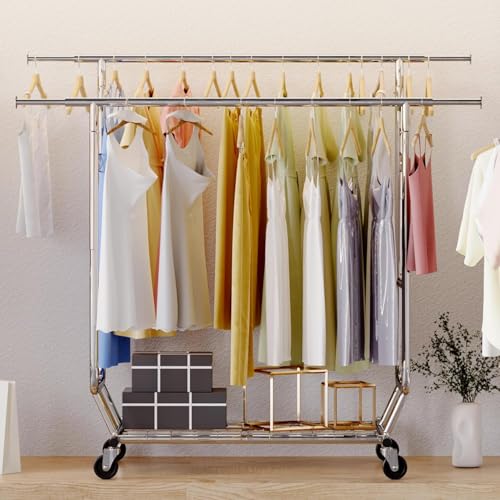 HOKEEPER Clothes Rack Heavy Duty Clothing Rack Load 650 LBS Collapsible Garment Rack with Wheels Double Rod Clothes Rack for Hanging Clothes Commercial Portable Closet Rack with Shelves 22"D*75"W*68"H - color: Chrome