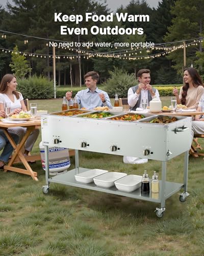 VEVOR 4-Pan Commercial Propane Steam Table, LP Gas Outdoor Soup Warmer with Drain Valve and 3" Wheels, Stainless Steel Propane Food Warmer with Independent Temp Control, for Restaurant Outdoor Camping - size: 4×1/1 Pan;96QT