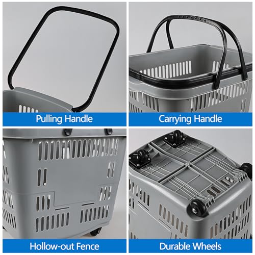 50 Liter Large Plastic Shopping Basket with Wheels, 4 Pack, Gray