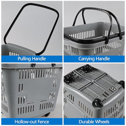 50 Liter Large Plastic Shopping Basket with Wheels, 4 Pack, Gray