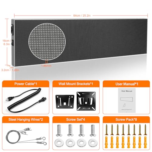 P1.86 Programmable LED Sign for Business, 25.2'' x 6.3'', App Control - size: 25.2" x 6.3" / 640mm