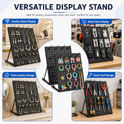 2 Pack Pegboard Display Stand, Metal Peg Board with 32 Hooks, Adjustable Angle & Foldable Design, Thick Steel Panel, Durable Tabletop Rack 16''x12'' for Vendor Display, Craft Show, Jewelry Display(Black silver) - color: Black silver