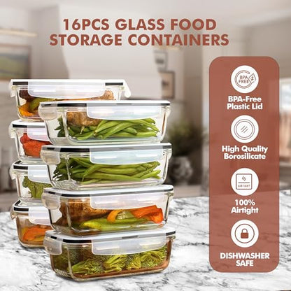 Razab 16 Pc (Set of 8) 30 Oz Glass Meal Prep Containers with Lids, Airtight Large Glass Food Storage Containers, Reusable Leak Proof BPA Free, Freezer to Oven and Dishwasher Safe - color: Black
