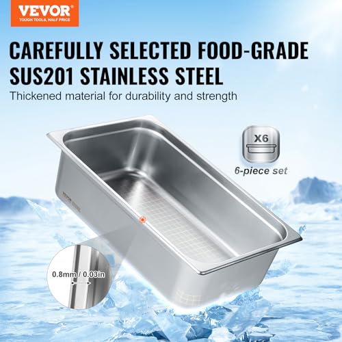 VEVOR 6 Pack Hotel Pans, Full Size 0.8mm Thick 6-Inch Deep Commercial Stainless Steel Restaurant Steam Table Pan, Catering Storage Food Pan, for Industrial & Scientific - size: 1/1 Size, style: 6 Inch Deep Thickened
