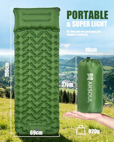 AKSOUL Self Inflating Sleeping Pad: Camping Inflatable Single Bed Air Mattress - Lightweight Sleep Mats - Compact Ultralight Pad for Camp Hiking Travel - 10CM - Green - color: Grass Green
