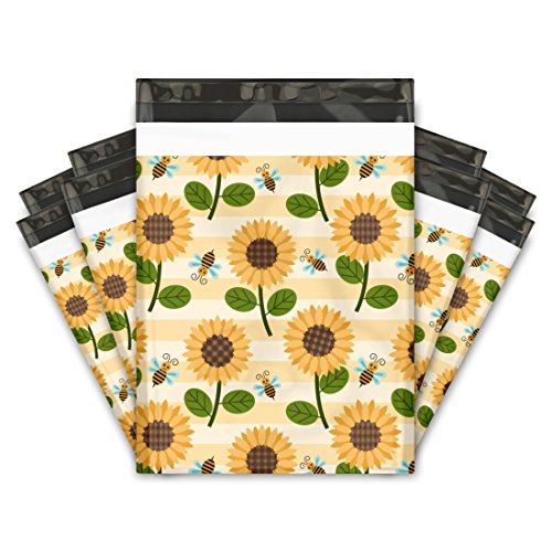 10x13 (100) Sunflowers and Bumble Bees Floral Summer Designer Poly Mailers Waterproof Self Sealing Tear Resistant Polymailers Shipping Envelopes Premium Printed Bags For Small Businesses - color: Sunflower and Bees, size: 10x13 inches