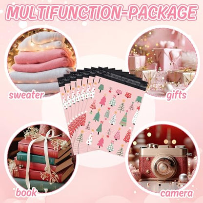 JarThenaAMCS 100Pcs Pink Christmas Poly Mailers 10 x 13 Inch Xmas Tree Packaging Bags Self Seal Mailing Envelope Bags for Winter Small Business Clothing Gift - style: pink xmas tree