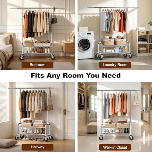 Clothes Rack Heavy Duty, 550 LBS Rolling Clothing Rack with Wheels, Silver - color: Silver